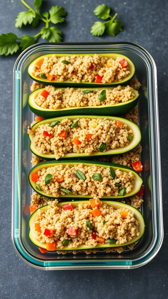 Stuffed zucchini boats filled with quinoa and colorful vegetables in a glass meal prep container.