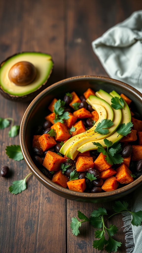 A colorful Sweet Potato and Black Bean Bowl with avocado slices and cilantro on a wooden table.