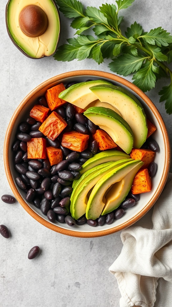 A bowl filled with sweet potatoes, black beans, and avocado slices, garnished with parsley.