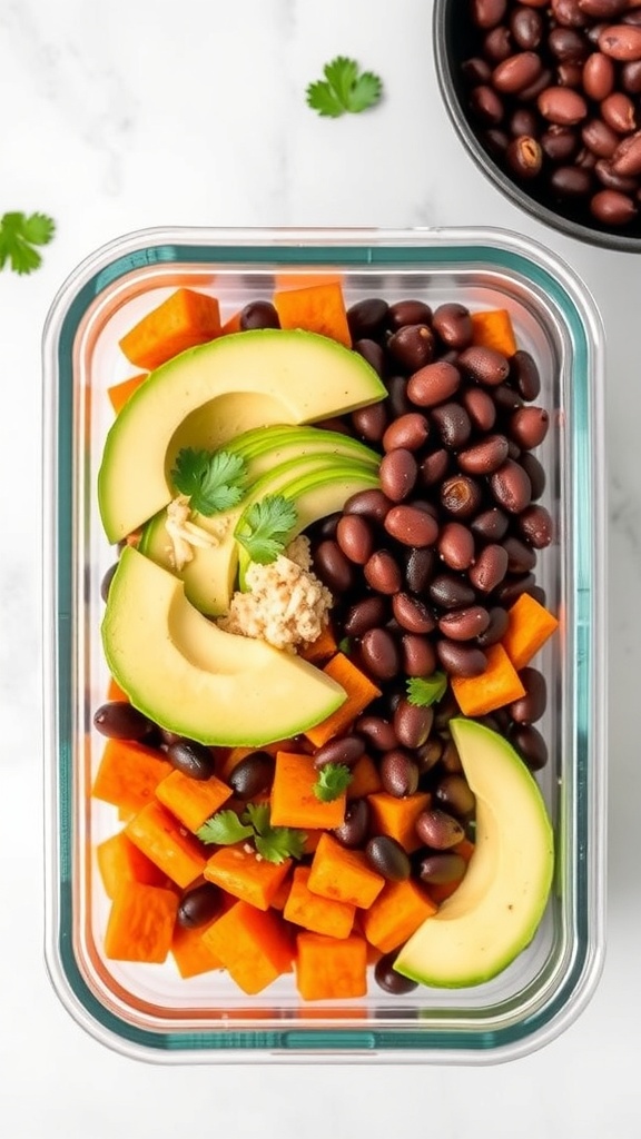 A meal prep container filled with sweet potatoes, black beans, and avocado slices, garnished with cilantro.