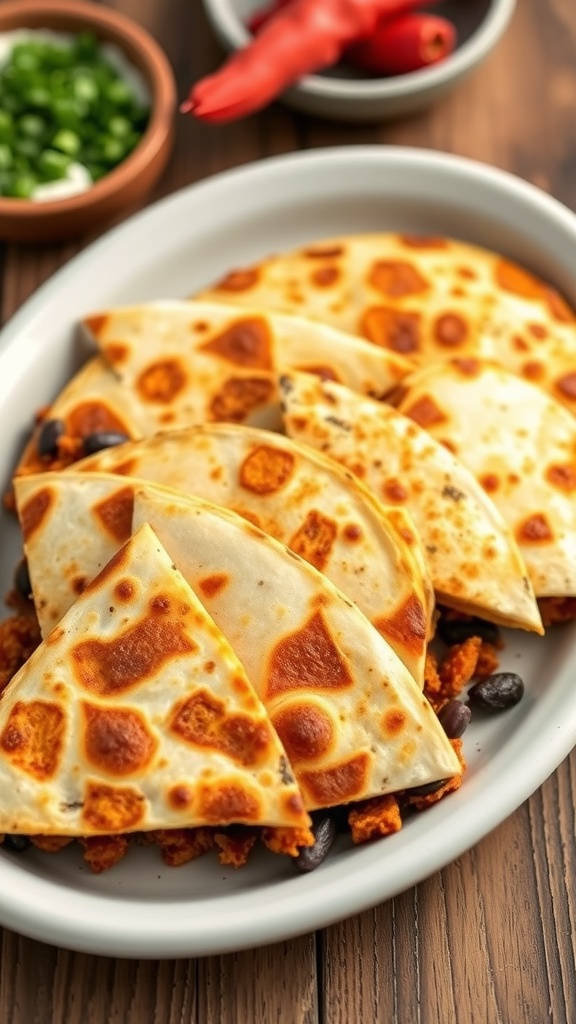 Delicious sweet potato and black bean quesadillas served on a plate with toppings.