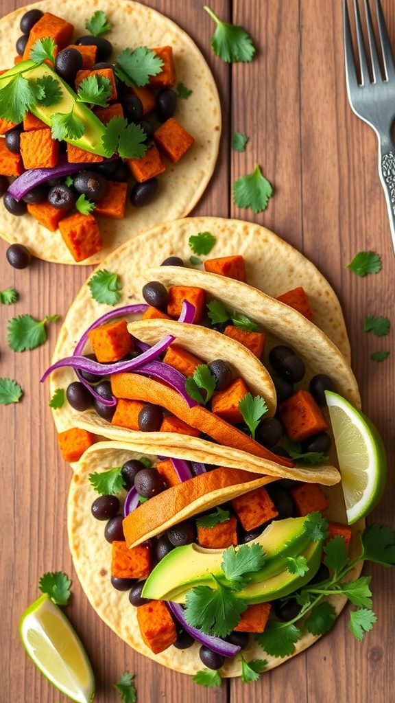 Sweet potato and black bean tacos with avocado and cilantro on a wooden table