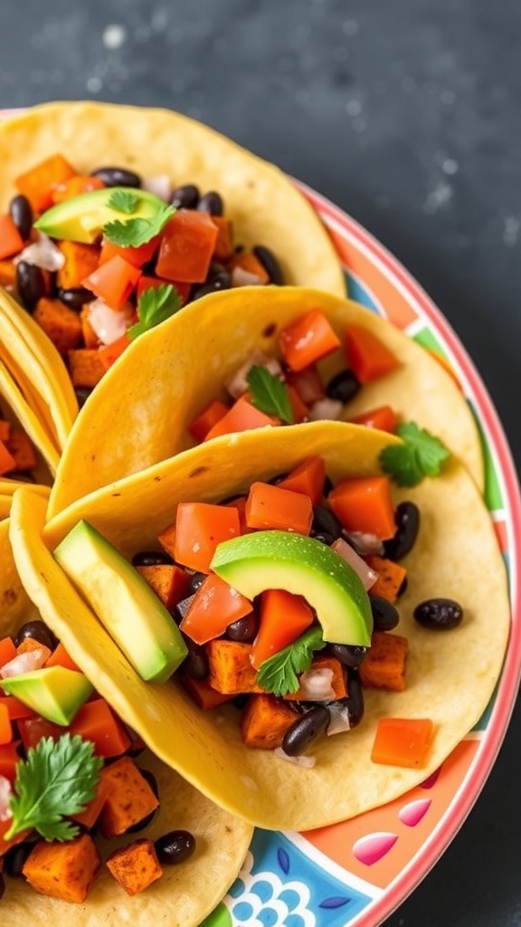 Colorful sweet potato and black bean tacos on a plate, topped with tomatoes and avocado.