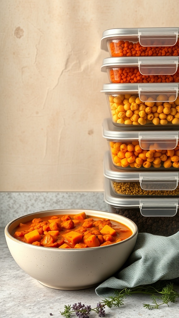 A bowl of sweet potato and chickpea curry with containers of colorful ingredients in the background.