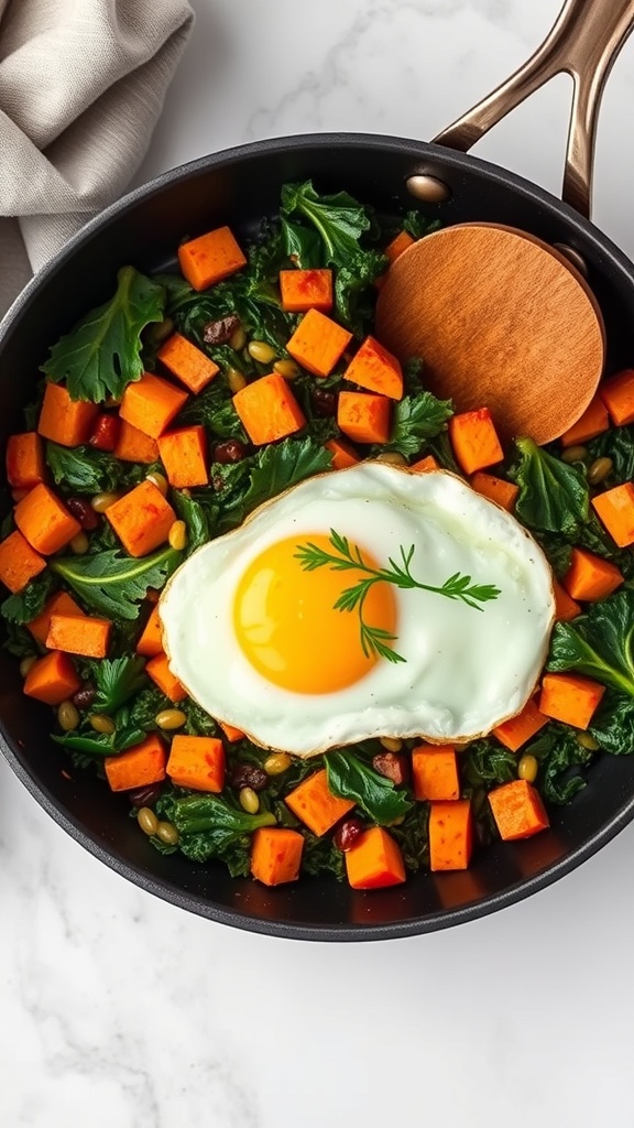 A skillet filled with sweet potato and kale hash topped with a fried egg.