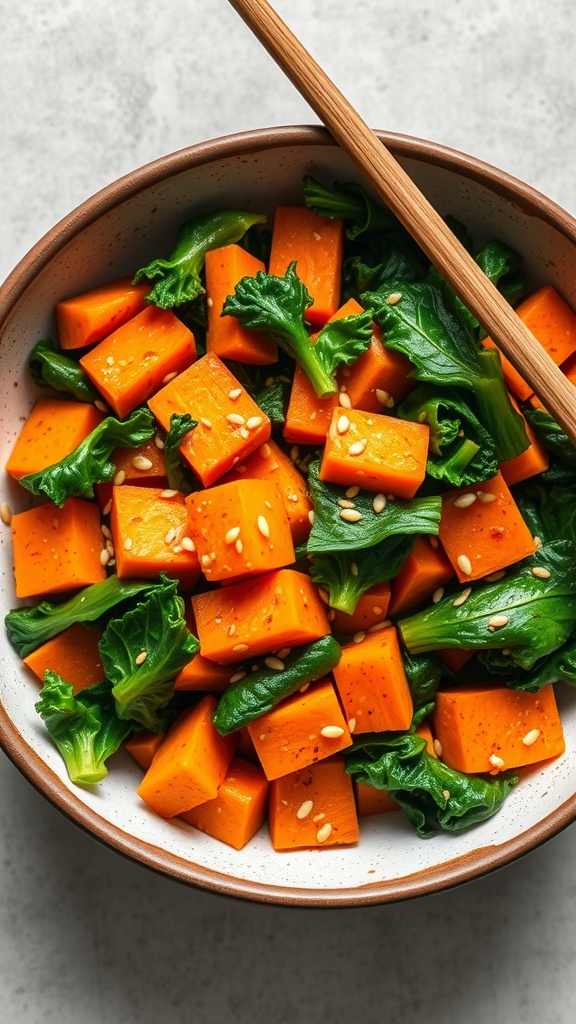 A bowl of sweet potato and kale stir-fry with sesame seeds.
