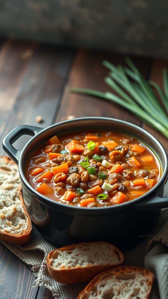 A pot of sweet potato and lentil stew with diced vegetables and slices of bread on the side.