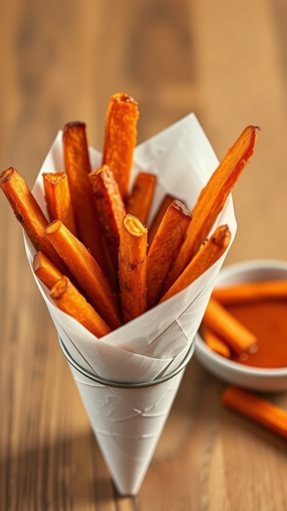 A cone filled with crispy sweet potato fries, accompanied by a small bowl of dipping sauce.