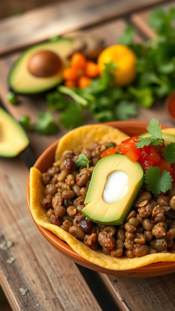 A colorful Taco-Style Lentil Bowl with lentils, avocado, tomatoes, and cilantro in a taco shell.