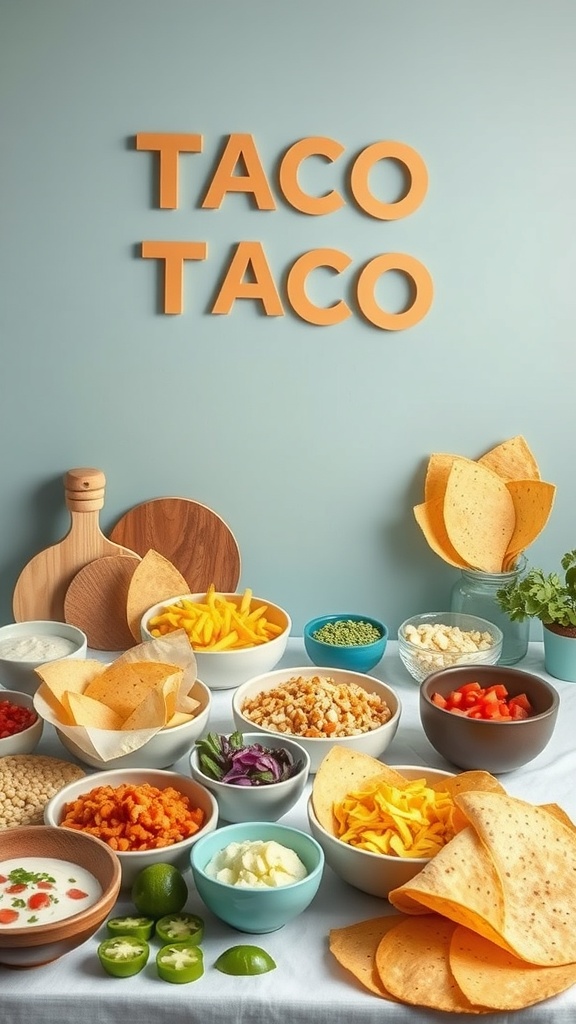 A colorful taco bar setup with various toppings and tortillas.