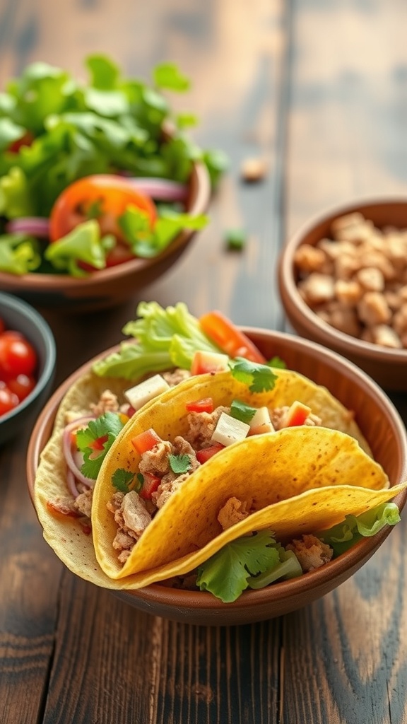 A delicious taco bowl filled with ground turkey, fresh vegetables, and toppings.