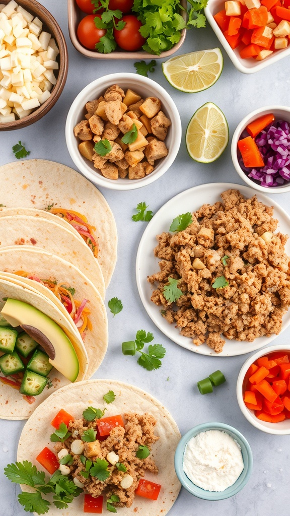 A colorful spread of taco ingredients including seasoned ground turkey, fresh vegetables, and tortillas.