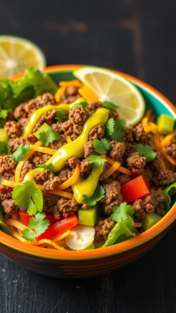 A colorful taco salad with ground beef, cheese, and fresh vegetables, topped with cilantro and lime.