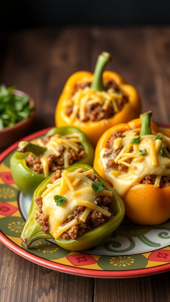 Colorful taco stuffed bell peppers topped with cheese, served on a decorative plate.