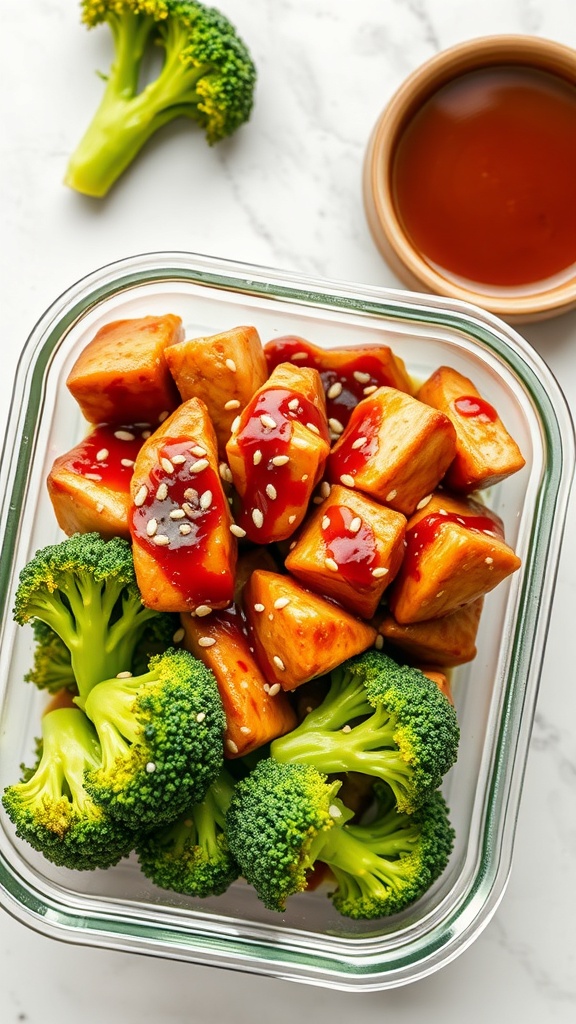 A meal prep container filled with teriyaki chicken, broccoli, and sesame seeds, with a small bowl of teriyaki sauce on the side.
