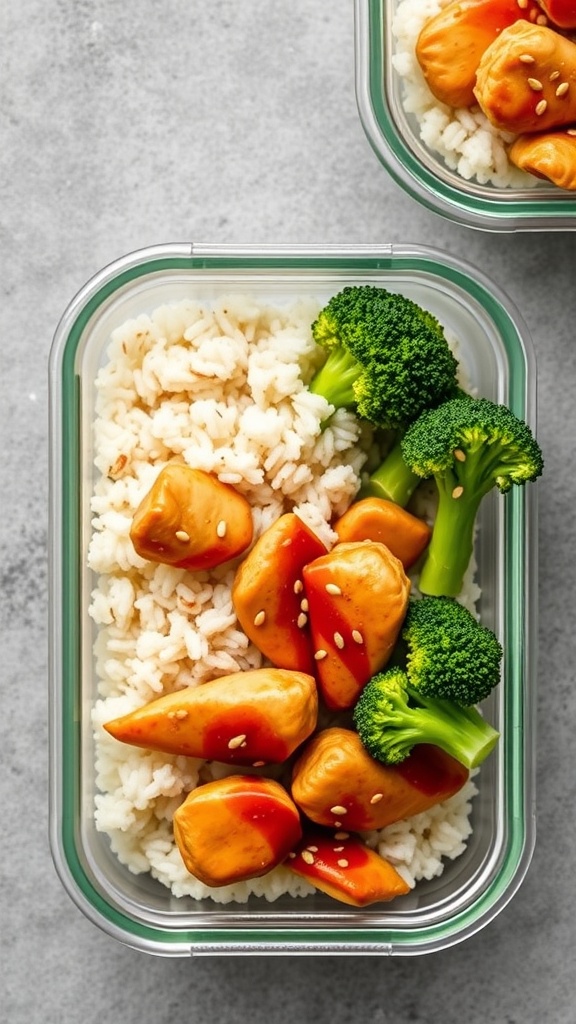 Meal prep containers with teriyaki chicken, rice, and broccoli