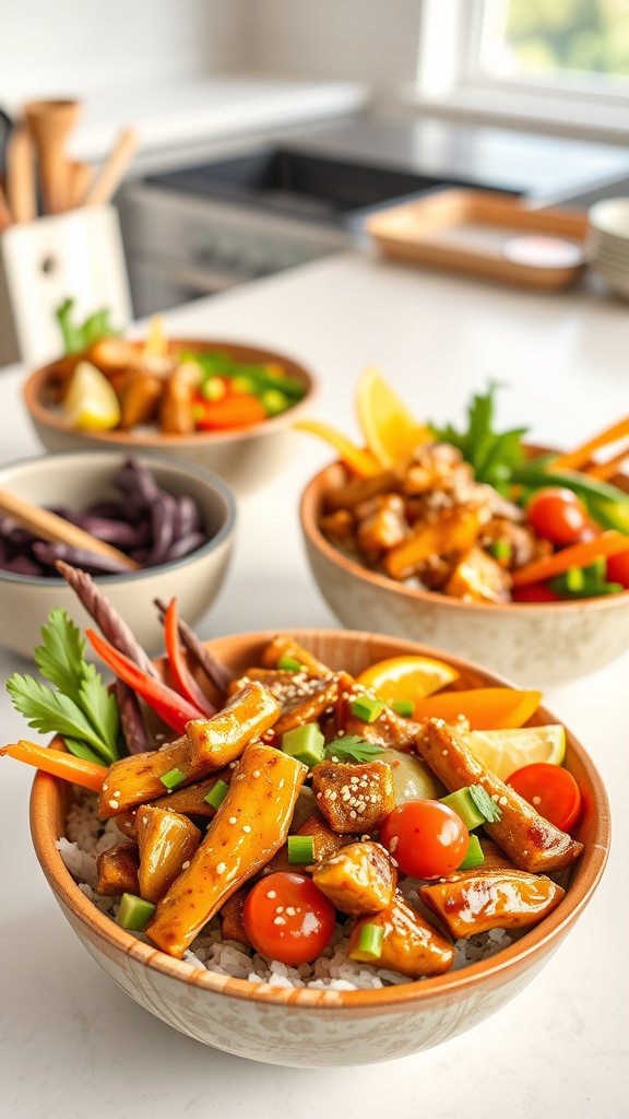 Delicious teriyaki chicken rice bowls with colorful vegetables and rice