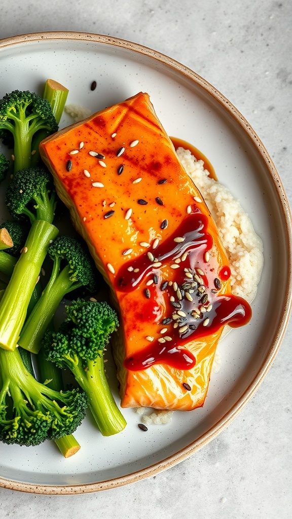 A plate of teriyaki salmon with broccoli and rice, garnished with sesame seeds.