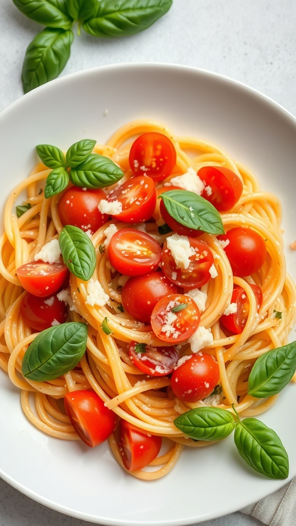 A plate of tomato basil pasta with fresh basil leaves and cherry tomatoes.