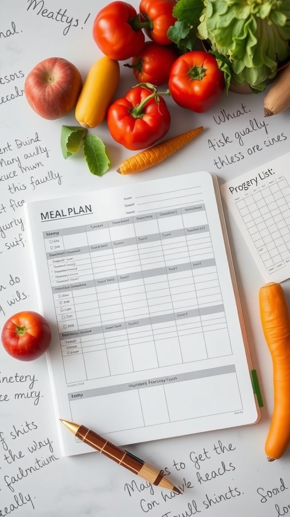 A meal prep plan with fresh vegetables and a notepad for tracking meals.
