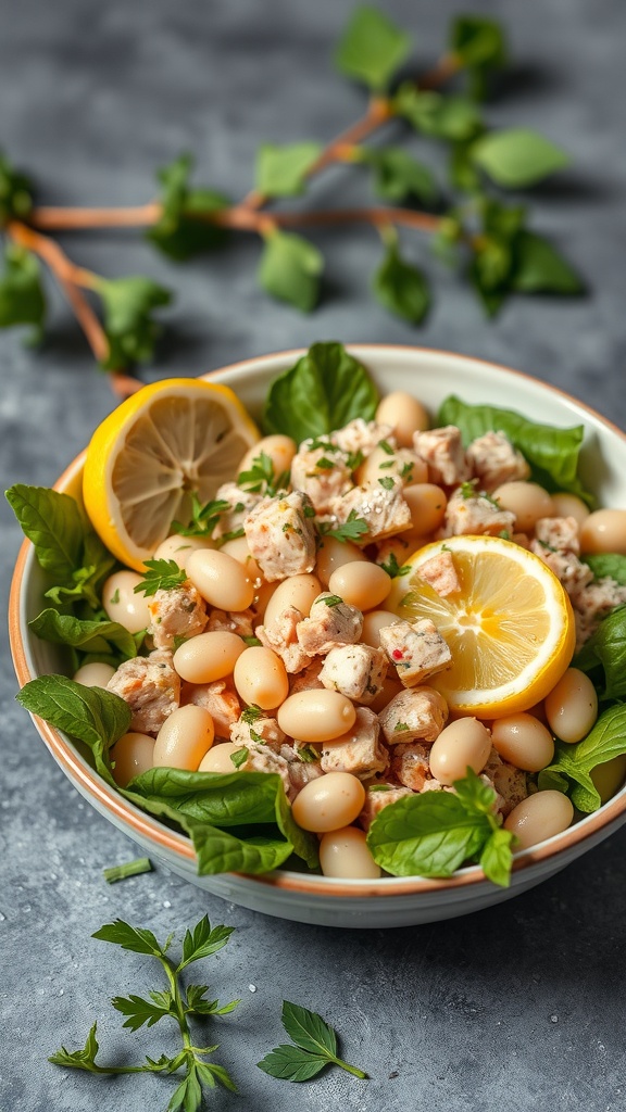 A bowl of Tuna and White Bean Salad with lemon slices and fresh herbs