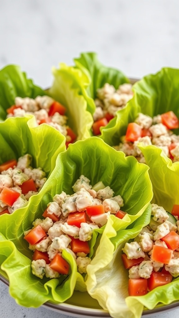 A plate of tuna salad lettuce wraps filled with diced tomatoes and tuna mixture.
