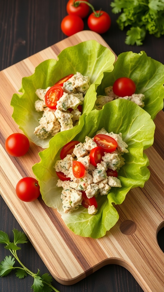 Tuna salad in lettuce wraps with cherry tomatoes on a wooden cutting board