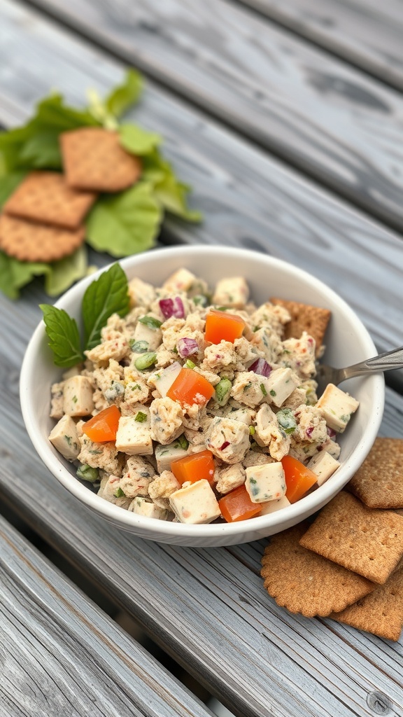 A bowl of tuna salad with colorful vegetables, served with whole grain crackers on a wooden table.