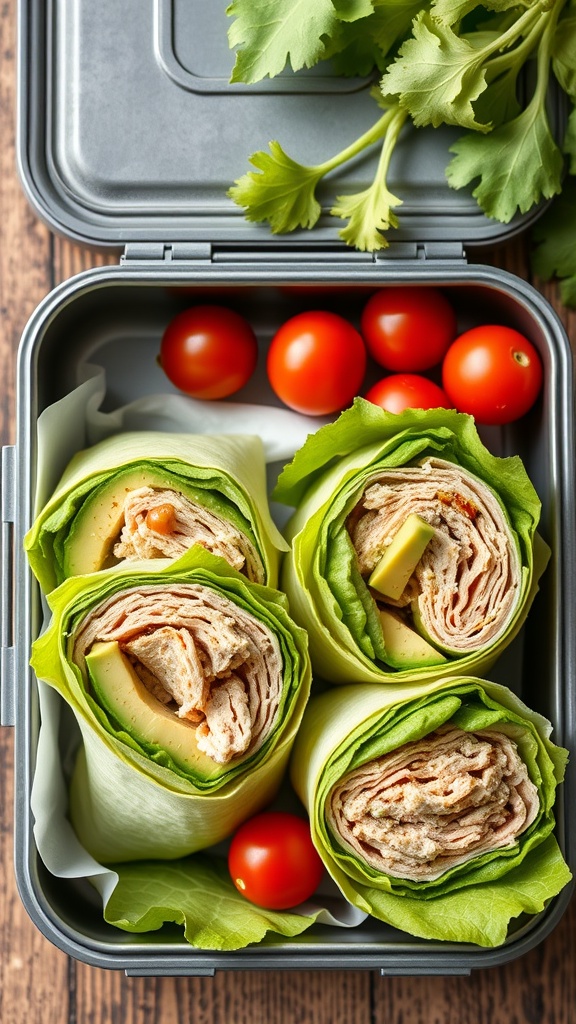 Turkey and avocado lettuce wraps in a lunchbox with cherry tomatoes and cilantro.