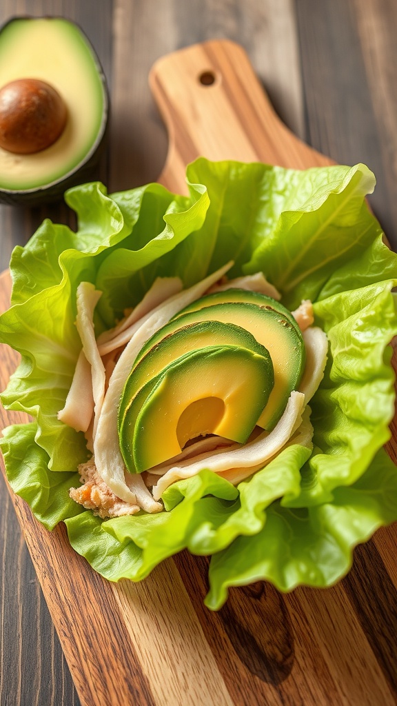 Turkey and avocado lettuce wraps on a wooden cutting board