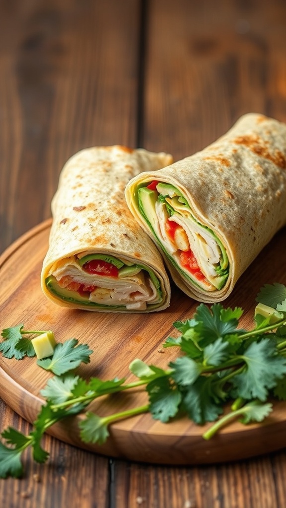 Turkey and avocado wrap with fresh vegetables on a wooden board