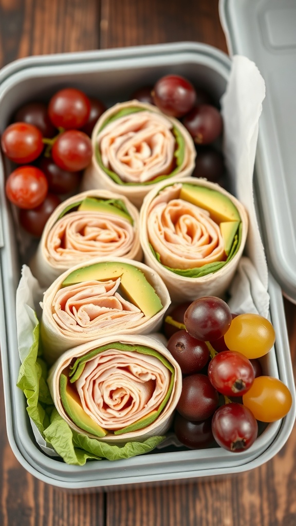 Turkey and avocado wraps in a lunchbox with grape tomatoes and grapes