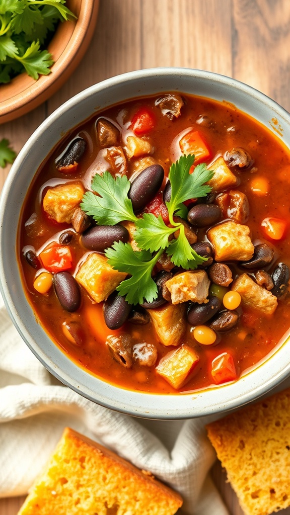 A bowl of turkey and black bean chili topped with cilantro, served with cornbread on the side.