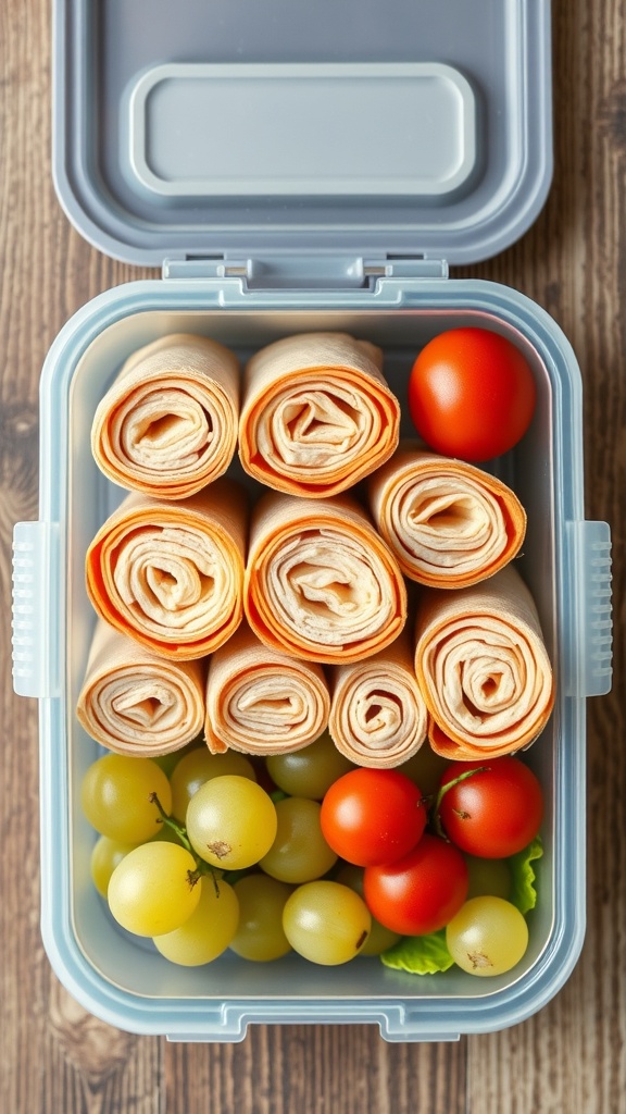 Lunchbox filled with turkey and cheese roll-ups, grape tomatoes, and green grapes.