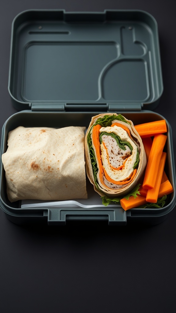 A lunchbox containing a turkey and hummus wrap with carrot sticks