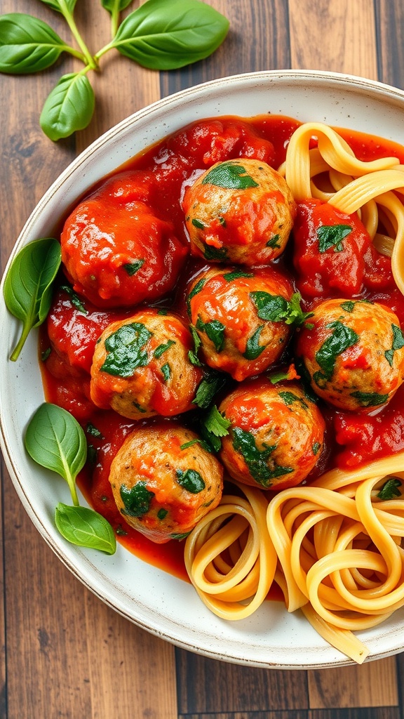 A bowl of turkey and spinach meatballs in marinara sauce served with spaghetti.