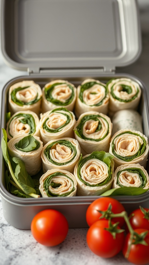 A lunchbox filled with turkey and spinach roll-ups, surrounded by cherry tomatoes.