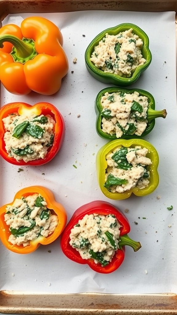 Colorful bell peppers stuffed with turkey and spinach filling on a baking sheet.