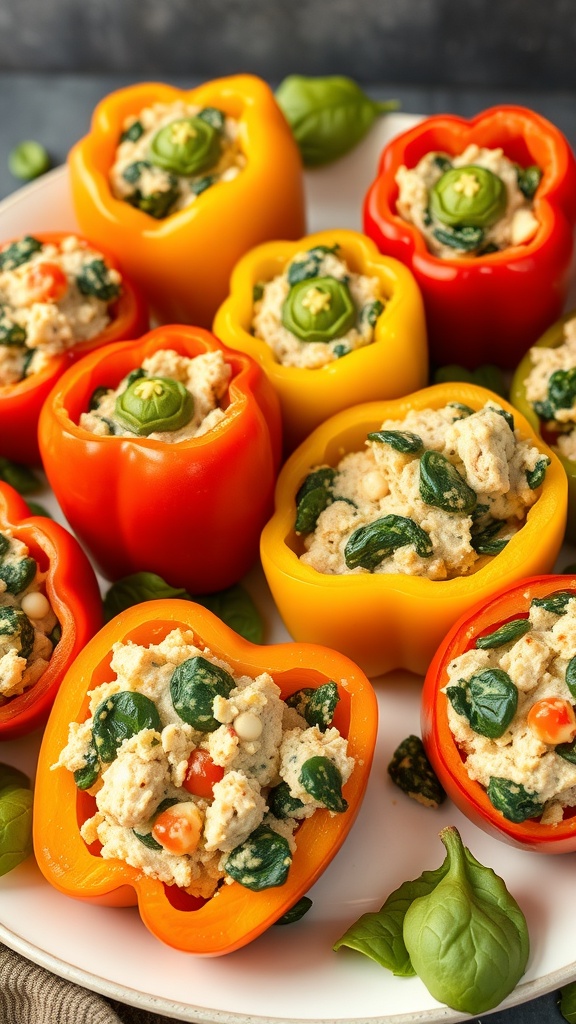 Colorful stuffed bell peppers filled with turkey and spinach mixture