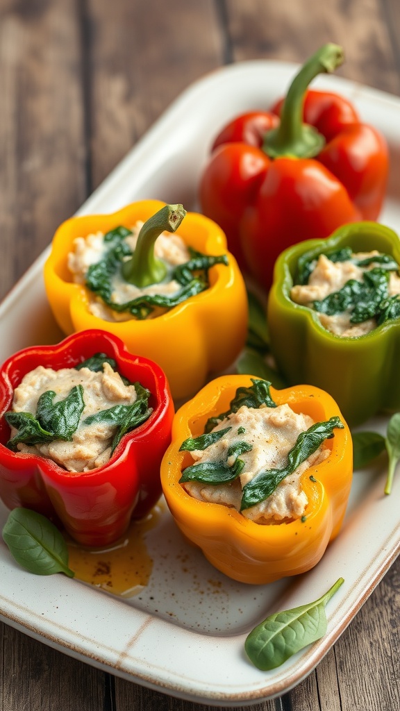 Colorful stuffed peppers filled with turkey and spinach on a plate