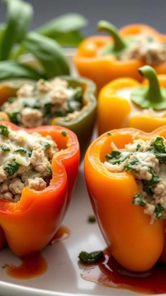 Colorful bell peppers stuffed with turkey, spinach, and cheese, arranged on a plate.