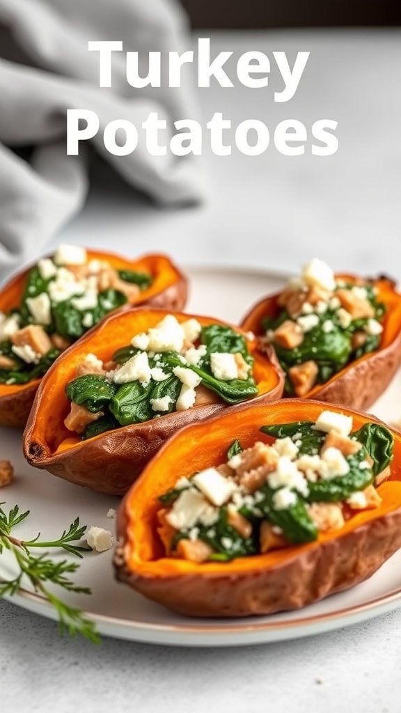 Turkey and spinach stuffed sweet potatoes on a plate