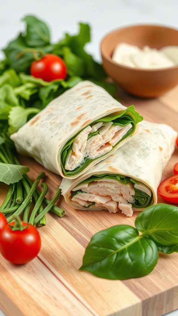 Turkey and spinach wraps with fresh ingredients on a wooden cutting board