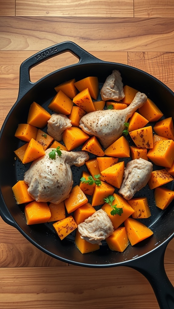A skillet filled with diced sweet potatoes and turkey, garnished with herbs.