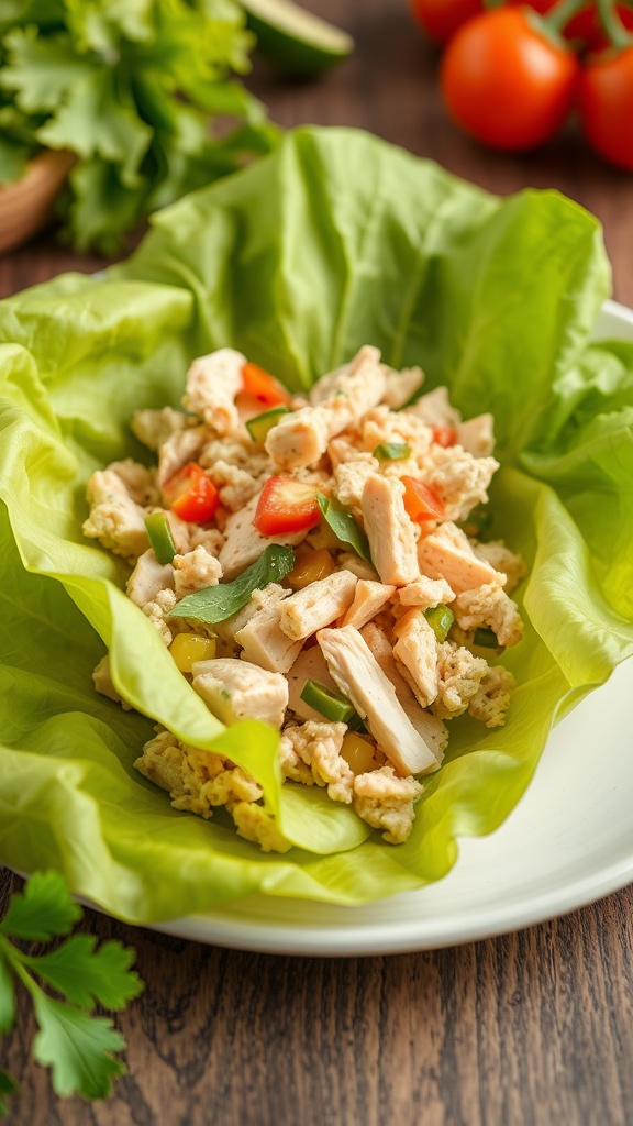 Turkey and veggie lettuce wraps on a plate with fresh ingredients in the background.