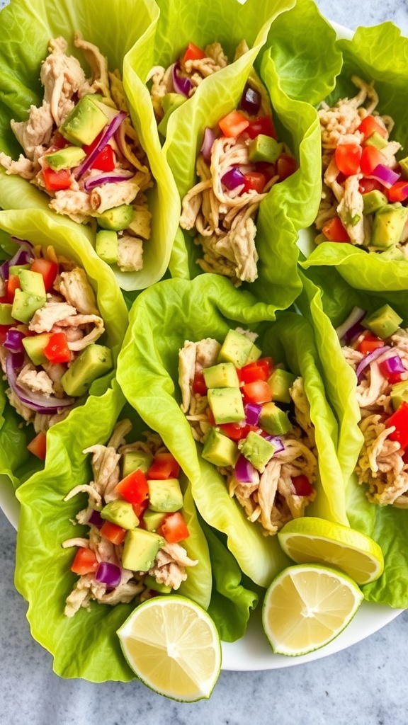 Turkey lettuce wraps filled with turkey, avocado, tomatoes, cucumbers, and red onions on a plate with lime wedges.