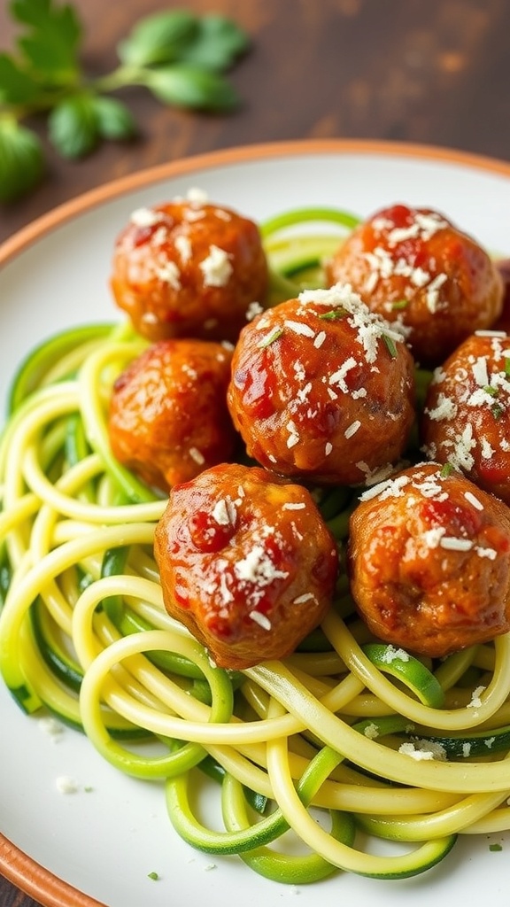Plate of turkey meatballs served on zucchini noodles with marinara sauce and Parmesan cheese.
