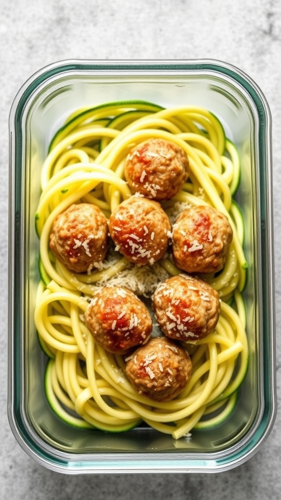 A meal prep container filled with turkey meatballs and zucchini noodles, topped with cheese.