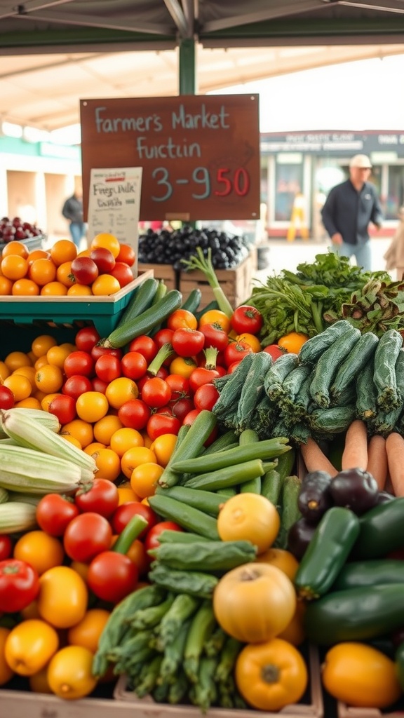 A vibrant display of seasonal produce at a farmer's market, featuring tomatoes, zucchini, and peppers.