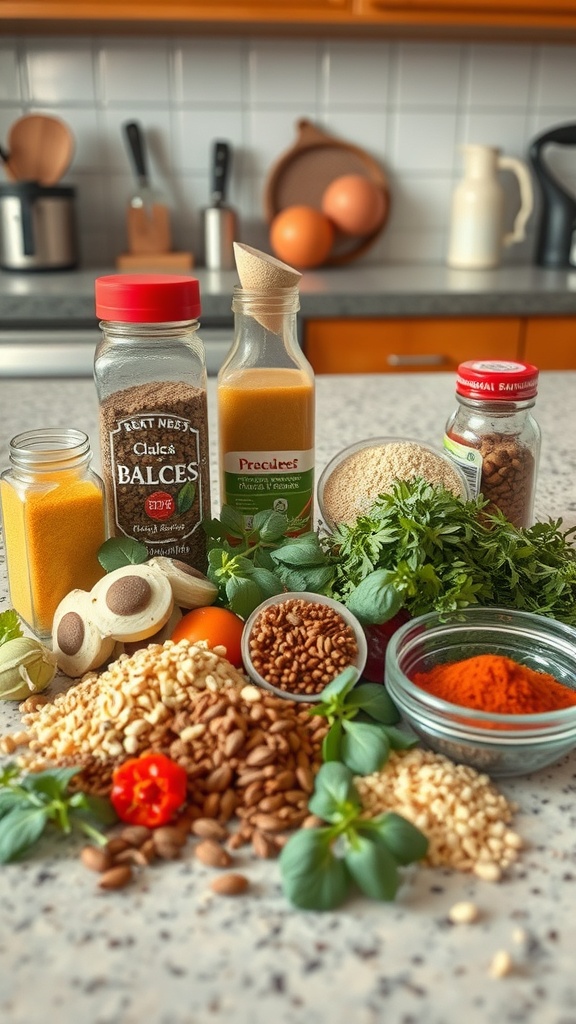 Various spices and herbs on a kitchen counter, including turmeric, paprika, and fresh herbs.